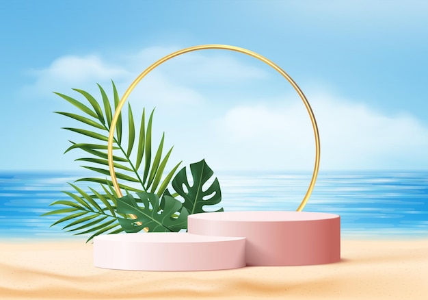 葉のある3d夏の背景製品の表示シーン。海のビーチに白い表彰台のディスプレイ