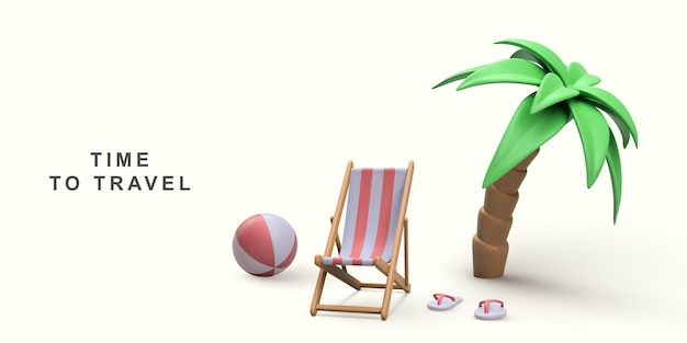 3d summer vacation concept with beach chair palm trees beach ball and beach sneakers