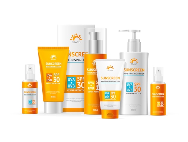 3d Sunscreen Moisturizer Lotion Cream Set Different Types on a Row Uva and Uvb Vector illustration