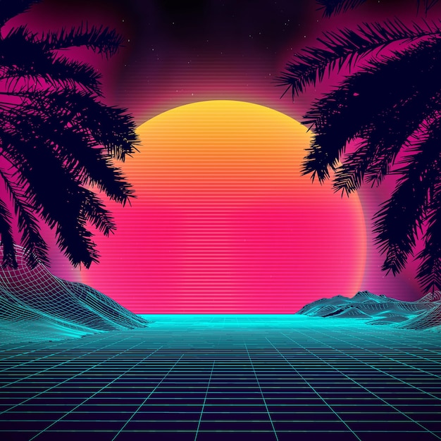 Vettore tramonto 3d sulla spiaggia. fondo di fantascienza di vettore di palme retrò. superficie cibernetica del paesaggio digitale. sfondo festa anni '80.