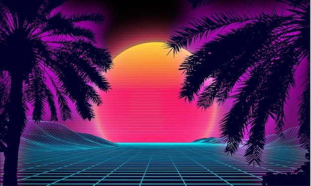 Tramonto 3d sulla spiaggia. fondo di fantascienza di vettore di palme retrò. superficie cibernetica del paesaggio digitale. sfondo festa anni '80.