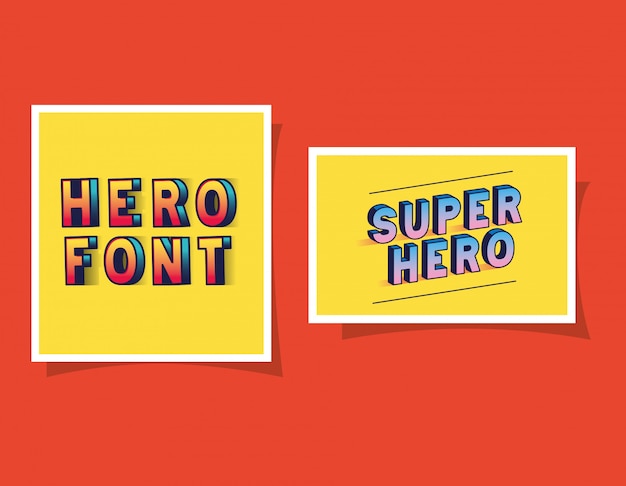 3d super hero and hero font lettering on yellow backgrounds