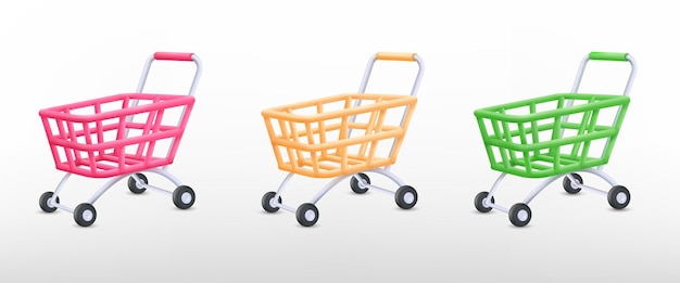 3d supermarket trolley Render trolly cart empty hypermarket pushcart isolated plasticine plastic wheel trolleys delivery gift shop ecommerce consumerism tidy vector illustration