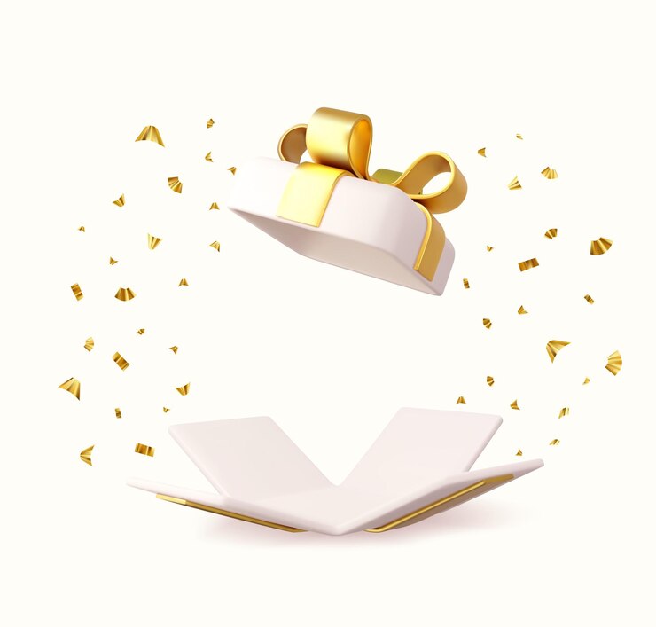 Vector 3d surprise open gift box with falling confetti present box as prize concept christmas and new year s surprise present box for birthday 3d rendering vector illustration