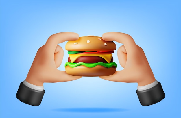 Hamburger saporito 3d in mani isolate
