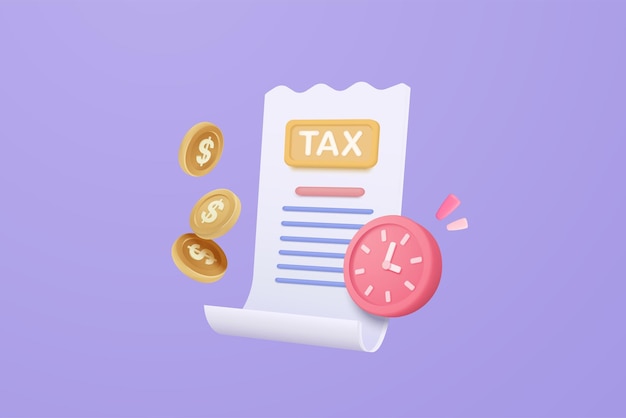 3d tax payment and business tax with money coin clock and tax form Composition with financial annual accounting calculating and paying invoice 3d tax payment vector icon render illustration