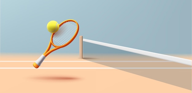3d tennis club or school or competition render illustration with tennis racket and tennis ball on tennis court background illustration