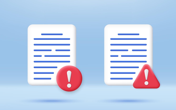 Vector 3d text file document with caution alert icon document error notification symbol problem statement cartoon icon 3d vector icon render illustration