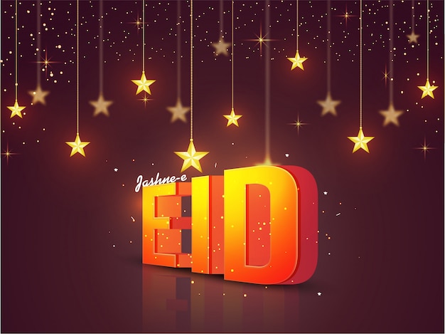 3D text golden text Eid on hanging golden stars background. Eid  Mubarak celebration conce