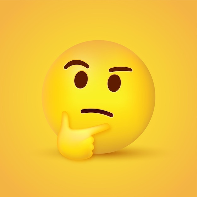 Vettore faccina emoji pensante 3d con il dito indice appoggiato sull'emoticon del pensatore mento