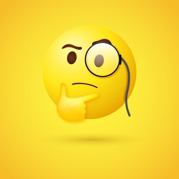 3d thinking emoji face con monocolo o emoticon 3d che guarda in alto con lente d'ingrandimento