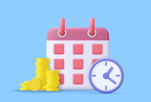 3d-tijd is geld concepttime waarde van geldbetaling deadlinetime geld besparingen timer of klok met veel lening of krediet contant geld en kalender datum 3d render vector illustratie