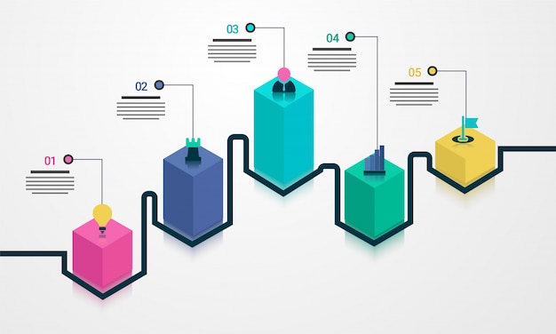 3d timeline infographics layout met vijf (5) stappen.