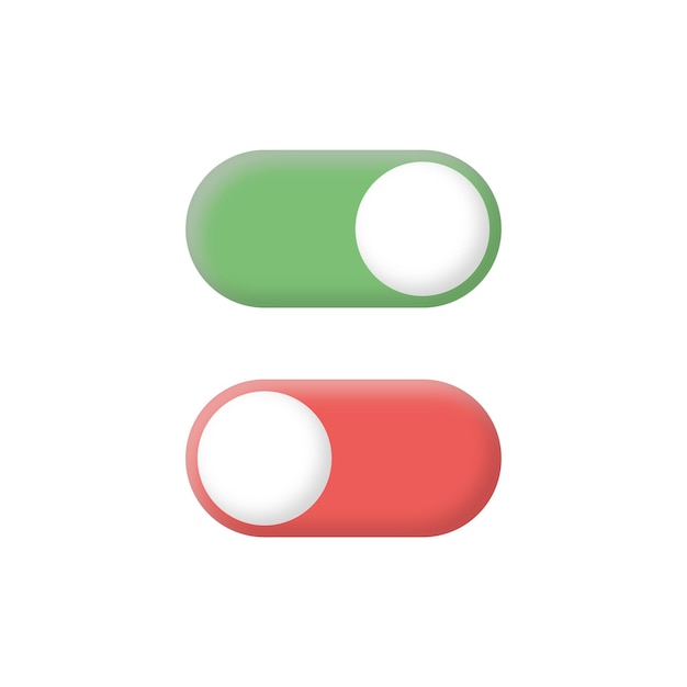 緑と赤の色の3dトグルスイッチボタンのオンとオフのアイコンまたはスイッチャースライダーボタンのセット