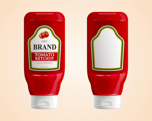 3D Tomato ketchup bottle mockups one with a designed label and another with blank label isolated on light orange background
