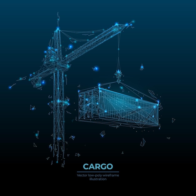 3d tower crane lifting a cargo container in dark blue background Polygonal transportation