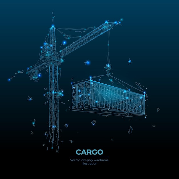 어두운 파란색 배경의 화물 컨테이너를 들어 올리는 3d 타워 크레인 다각형 운송