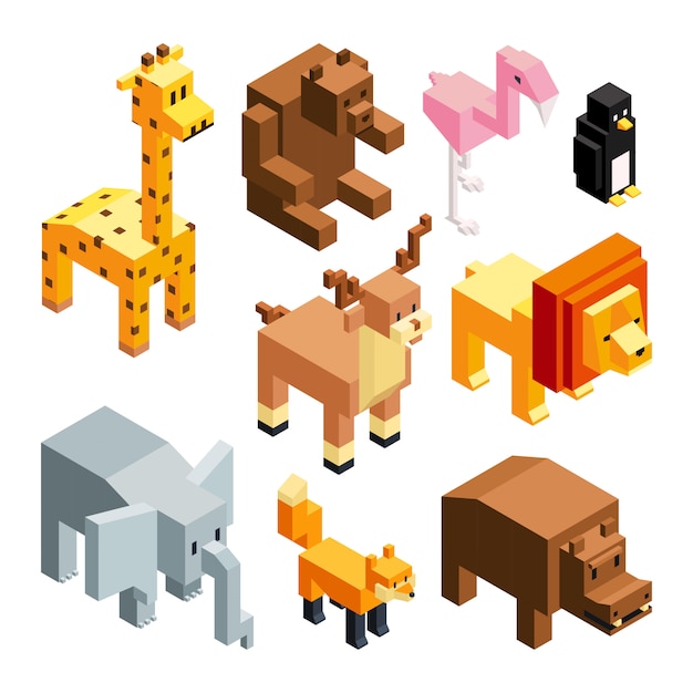 3D toy animals, Isometric pictures isolate