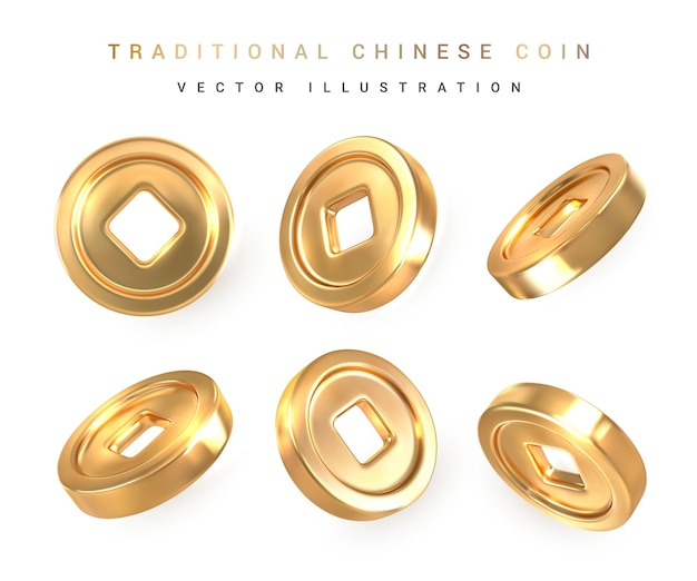 3d Traditional Chinese gold coin with square hole Asian traditional elements Vector illustration