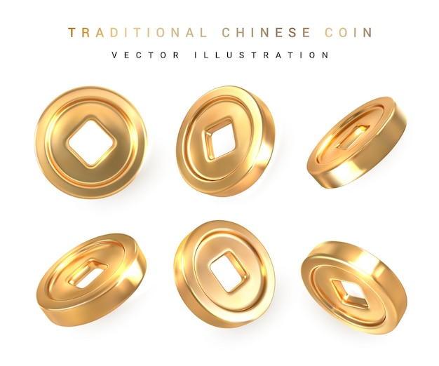 3d traditional chinese gold coin with square hole asian traditional elements vector illustration