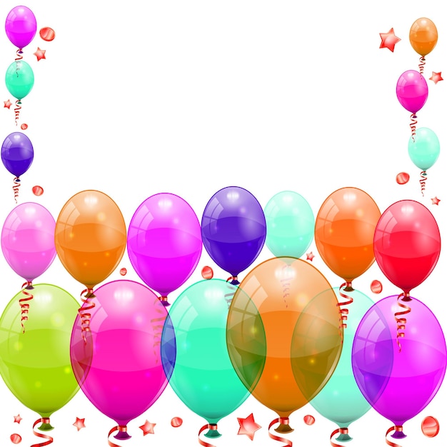 Vector 3d transparent birthday balloons with streamer and confetti easy change color vector