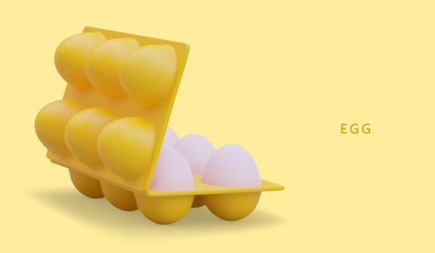 3D tray of eggs on yellow background Natural ingredient for cooking food