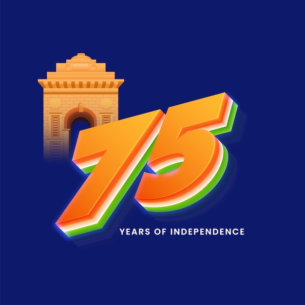 독립 기념일 개념에 대 한 파란색 배경에 3d 삼색 75 번호 및 인도 게이트