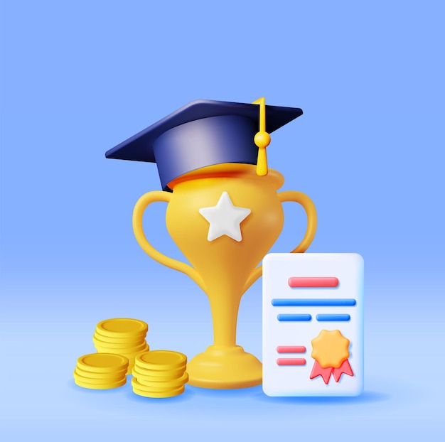 Vector 3d trophy graduation cap and diploma with money
