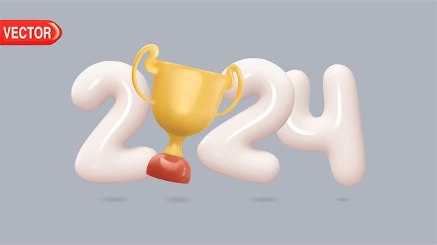 Vector 3d trophy with realistic number 2024 new year white color 3d rendering number