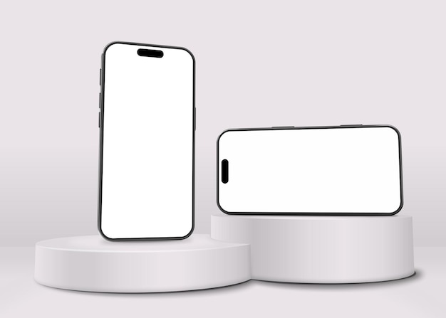 Два 3D-мокета iPhone 16 с портретной и ландшафтной ориентацией Пустая белая