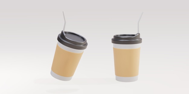 3D two paper coffee cups with a straw on a white background