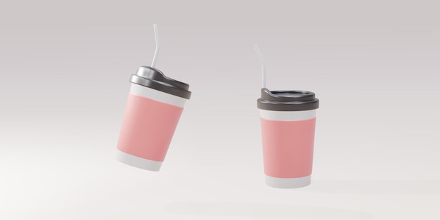 3D two paper coffee cups with a straw