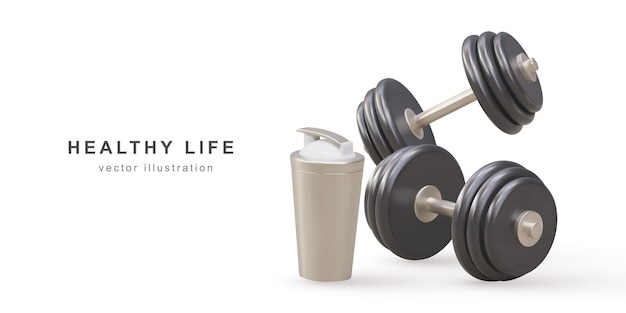 Vector 3d two realistic dumbbell and shaker healthy life concept