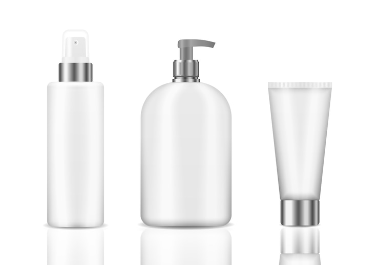 Vector 3d various blank container mock-ups, including jar, pump bottle, cream tube isolated on white background. set of realistic cosmetic white clean bottles. realistic cosmetic package.