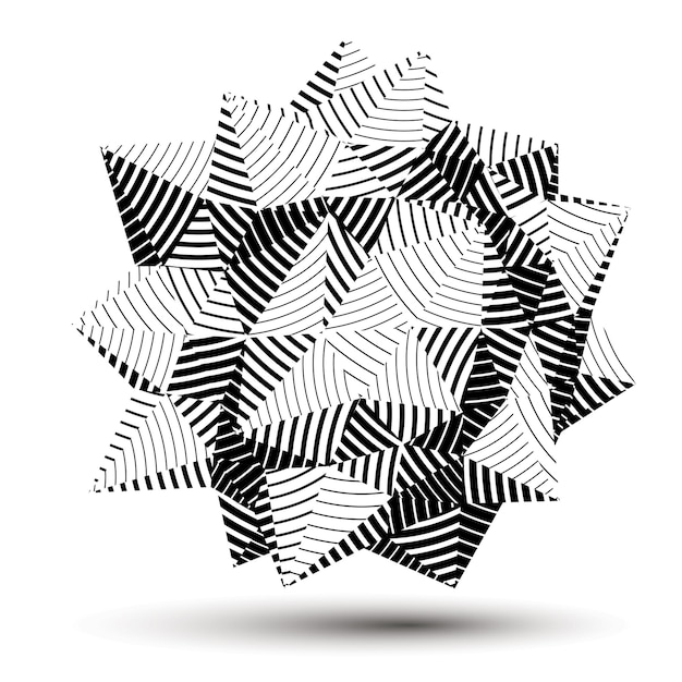 3D 벡터 추상 디자인 개체, 다각형 복잡한 그림. 회색조 3차원 변형된 줄무늬 모양, 렌더링합니다.