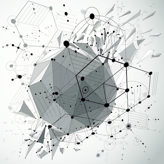 3d vector abstract grayscale background created in Bauhaus retro style. Dimensional geometric composition with low poly shattered object and hexagons can be used as templates and layouts.