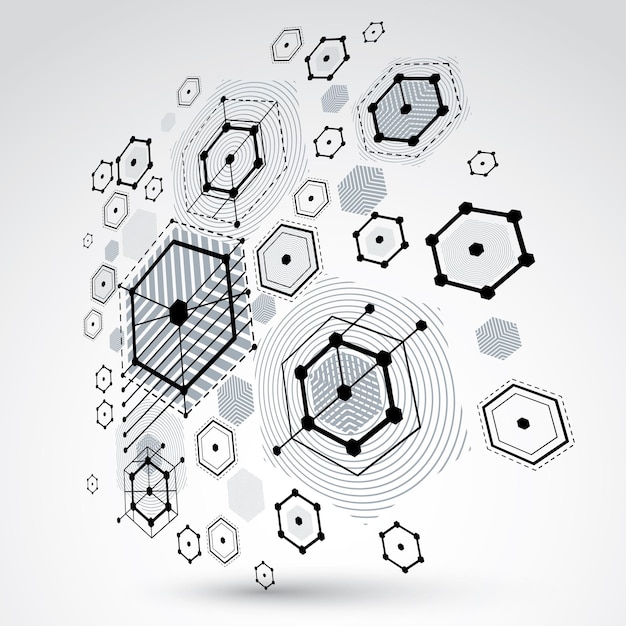 3D-vector abstracte achtergrond gemaakt in Bauhaus retro stijl. Moderne geometrische compositie kan worden gebruikt als sjablonen en lay-outs. Technisch technologisch monochroom behang gemaakt met honingraten.