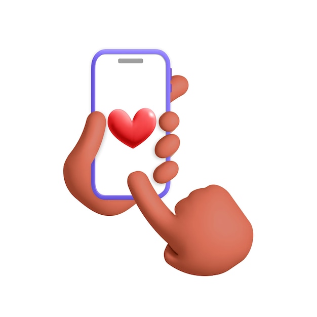 3d-vector afrikaanse hand houdt smartphone houdt liefde hart vorm symbool valentijn dag mockup ontwerp