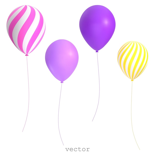 3D векторные воздушные шары Полосатые фиолетовые желтые розовые праздничные декоративные элементы Празднование дня рождения объекты дизайна Красочные векторные иллюстрации на белом фоне