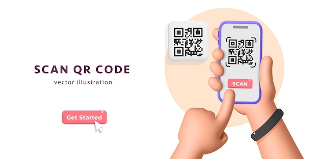 3d векторный шаблон баннера для ручного сканирования qr-кода с сервисом мобильного приложения на дизайне смартфона