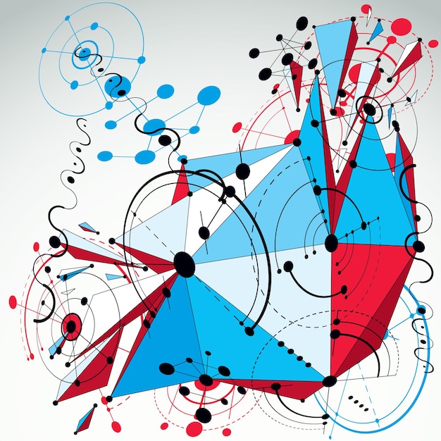 3d векторный абстрактный фон Баухауза, выполненный с сеткой и геометрическими элементами, кругами и соединенными линиями. Макет для бизнес-презентаций и постеров, сделанный из низкополигональных объектов.