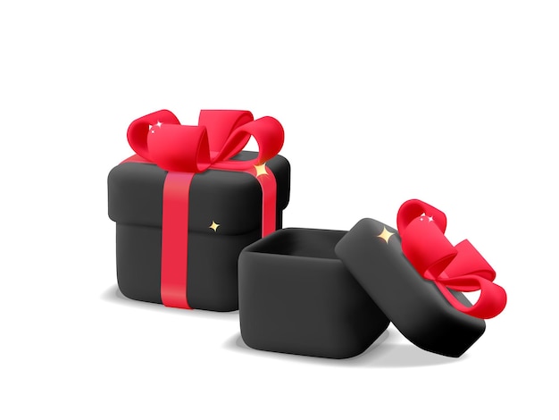 3d vector black closed and opened square gift present box with red ribbon bow cartoon render icon