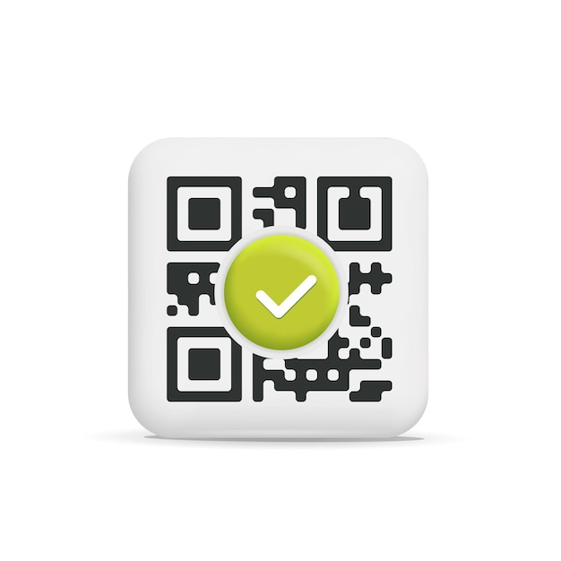 Vettore codice qr quadrato nero vettoriale 3d con icona dell'elemento dell'interfaccia utente del simbolo del segno di spunta verde per la progettazione di app mobili