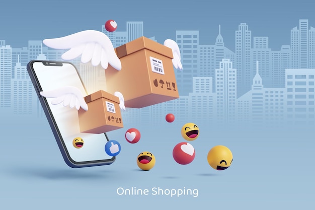 3d vettore di pacco di cartone vola fuori smartphone shopping online e concetto di spedizione veloce