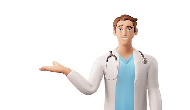 Vector 3d vector character of a young doctor intern in white coat with a stethoscope pointing at something