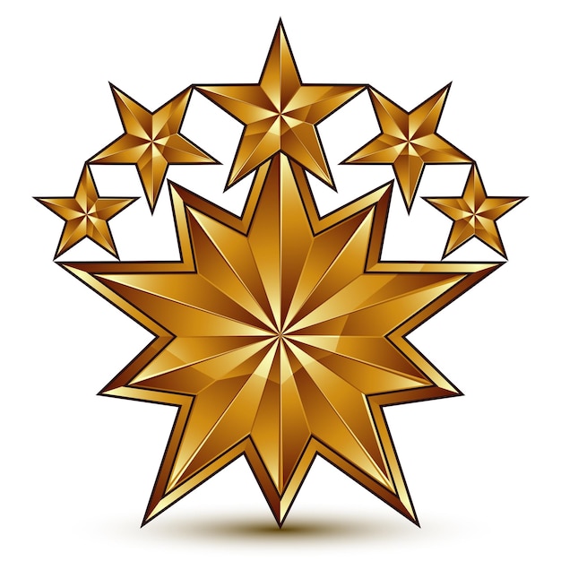 Вектор 3d векторный классический королевский символ, сложная золотая круглая эмблема с 5 звездами на белом фоне, глянцевый элемент aurum.