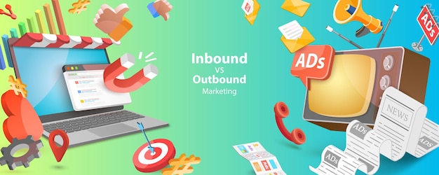 3D Vector Conceptual Illustration of Inbound Vs Outbound Marketing