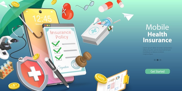 3d-векторная концептуальная иллюстрация мобильного медицинского страхования