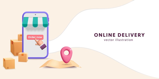 3d векторная служба доставки онлайн в мобильном приложении на дизайне плаката телефона