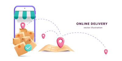 Vector 3d vector delivery service with pin location and map on phone poster design